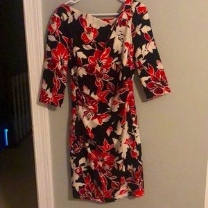 Red/pink/white floral dress.